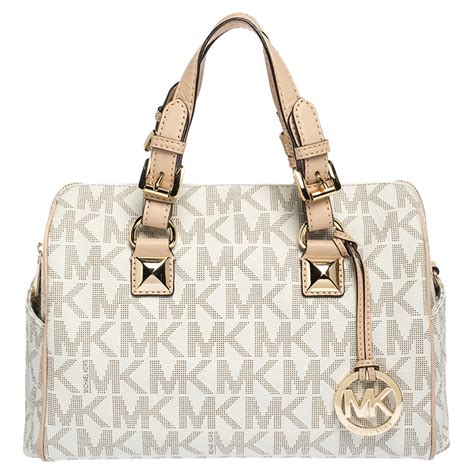 michael kors barrel canvas purse beige|Michael Kors small shoulder bag.